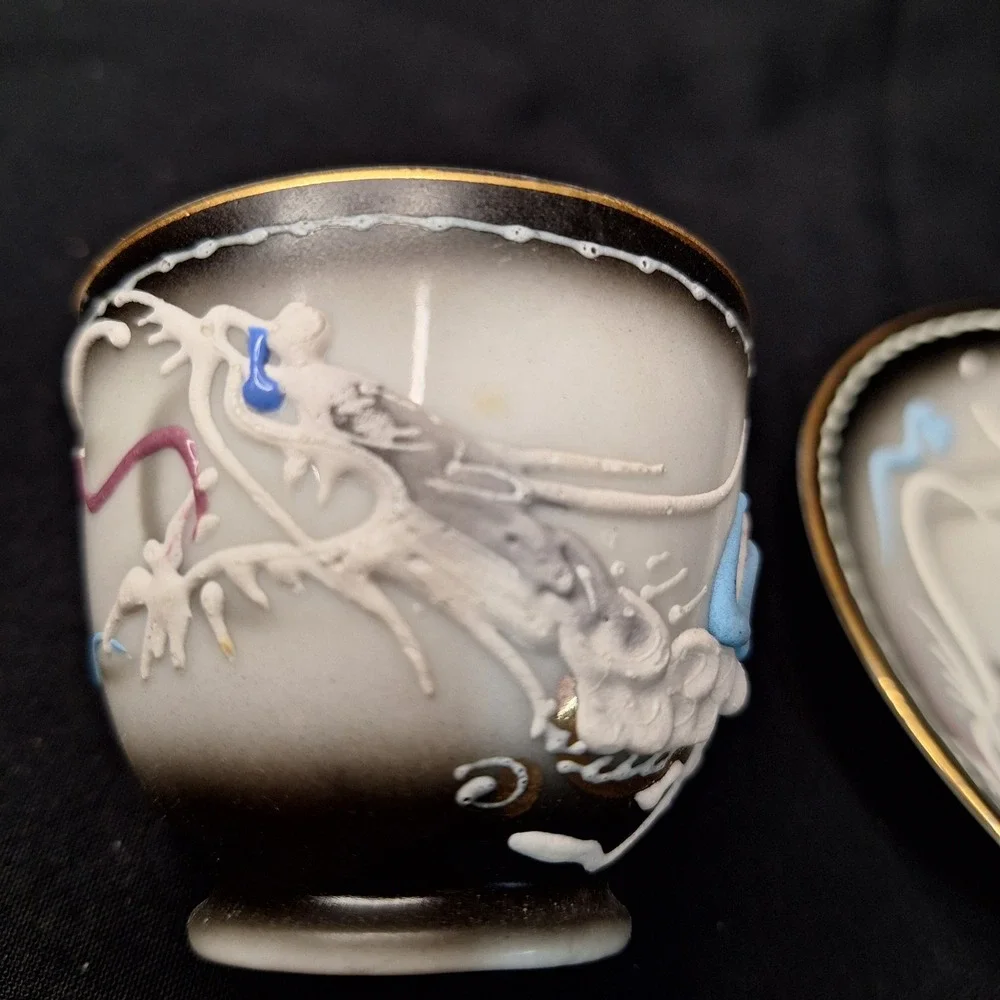 Vintage Moriage Dragonware Demitasse Cup and Saucer Set Grey Black Gold‎